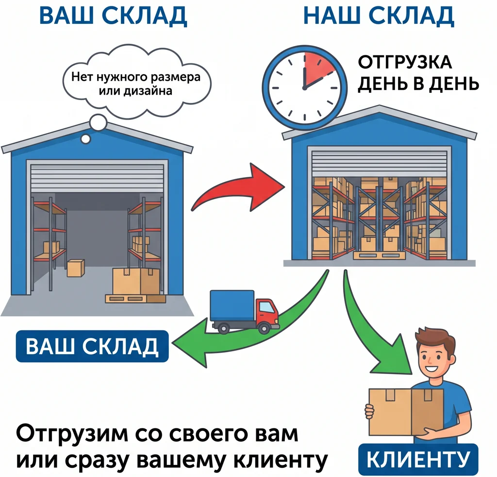 Схема: нужного размера нет на вашем складе — отгружаем со своего вам или сразу вашему клиенту в тот же день