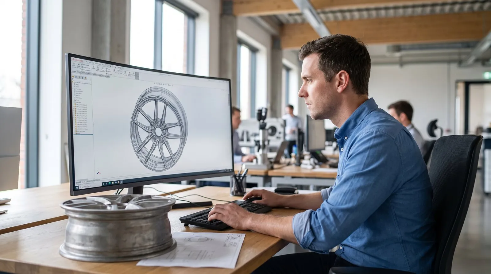 Инженер проектирует колёсный диск в CAD-программе